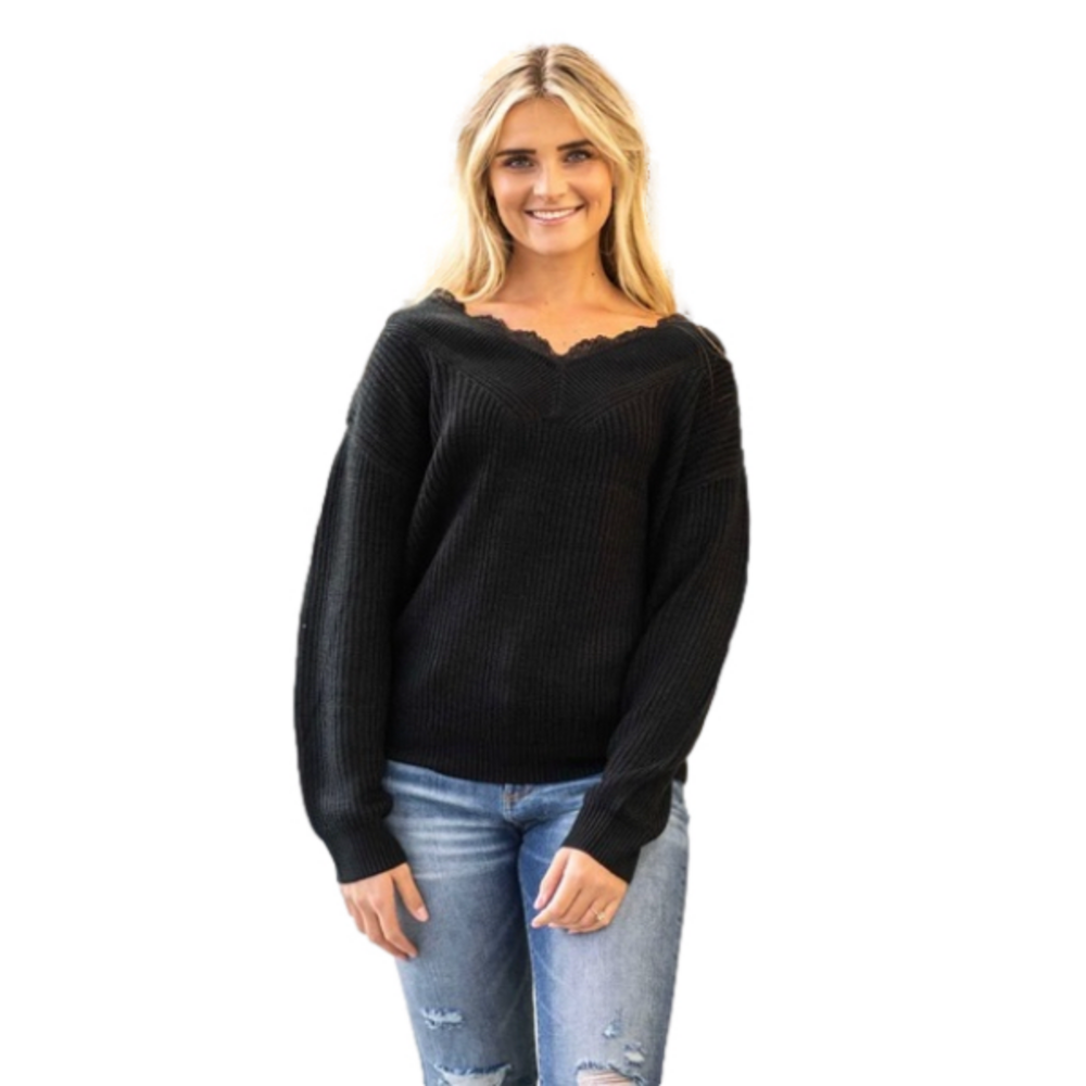 Hem & Thread black Acrylic lace trim sweater- Medium